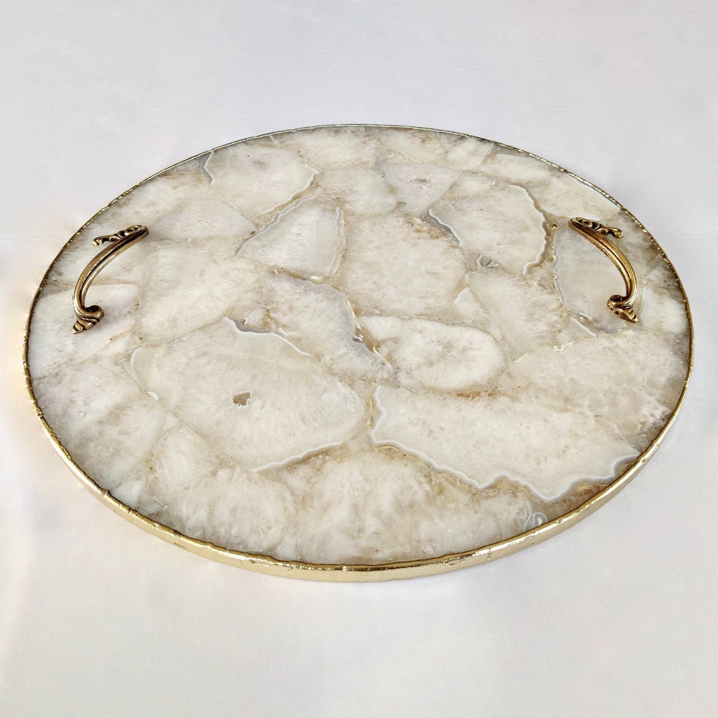 White Agate  Serving Tray With Brass Handles | Circular | The Tangerine Store