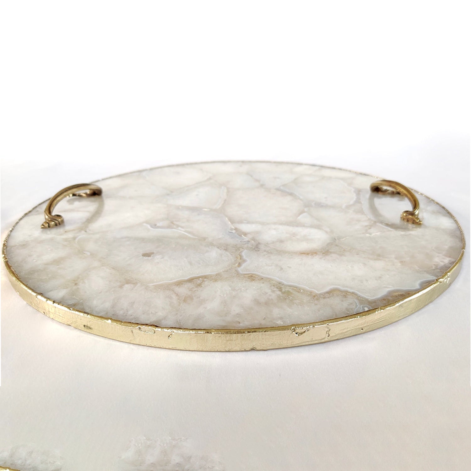 White Agate  Serving Tray With Brass Handles | Circular | The Tangerine Store