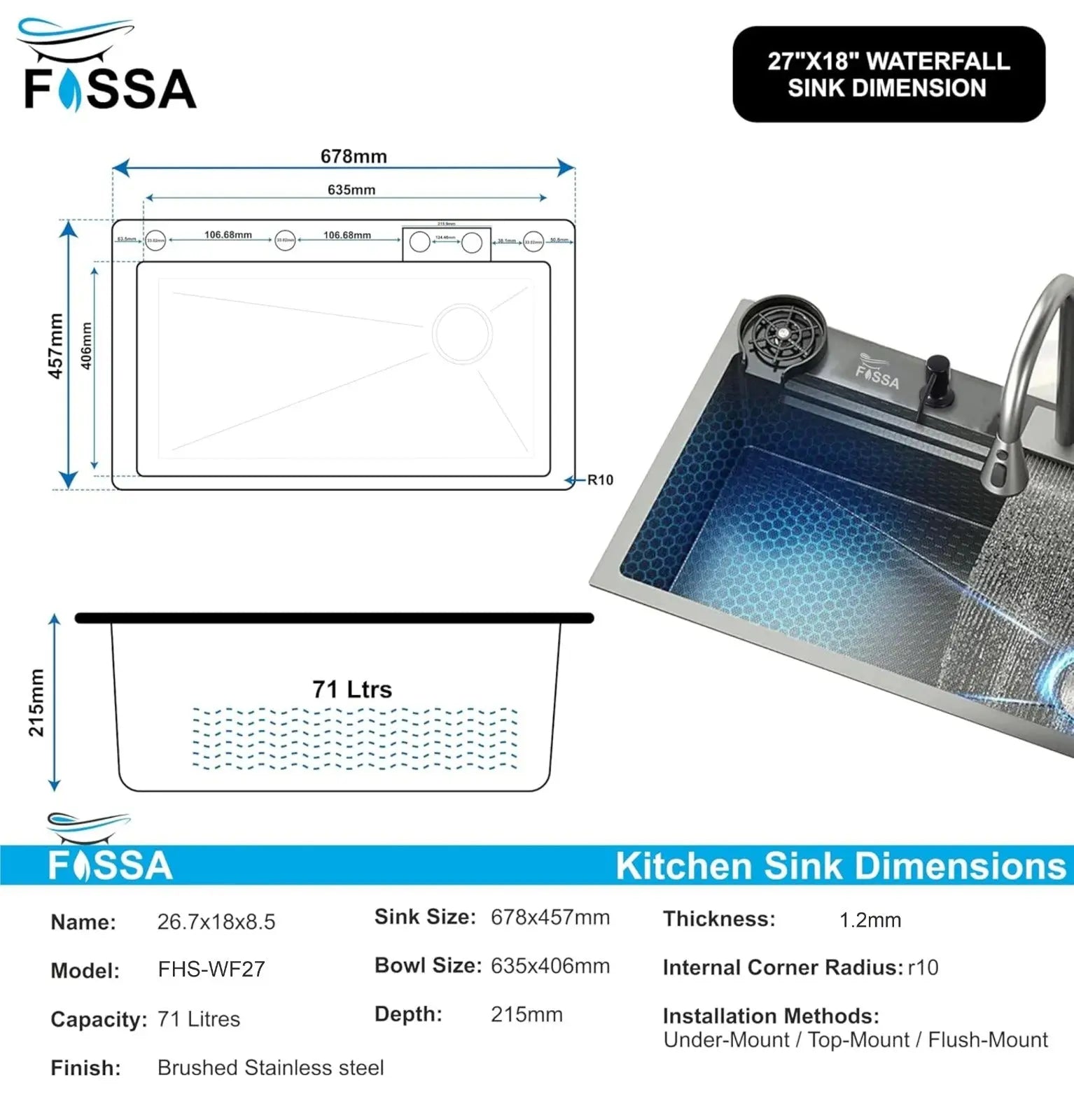 Fossa 27"x18"x10" inch Single Bowl Waterfall Kitchen Sink SS-304 grade Honeycomb Embossed Sink with White Nano Coating, Stainless Steel, Rectangular Workstation, faucet With all Accessories.