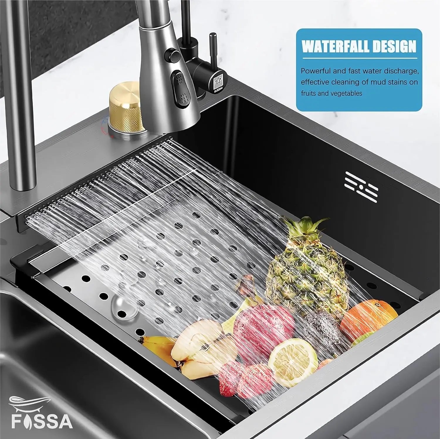 Fossa 27"x18"x10" inch Single Bowl Waterfall Kitchen Sink SS-304 grade Honeycomb Embossed Sink with White Nano Coating, Stainless Steel, Rectangular Workstation, faucet With all Accessories.