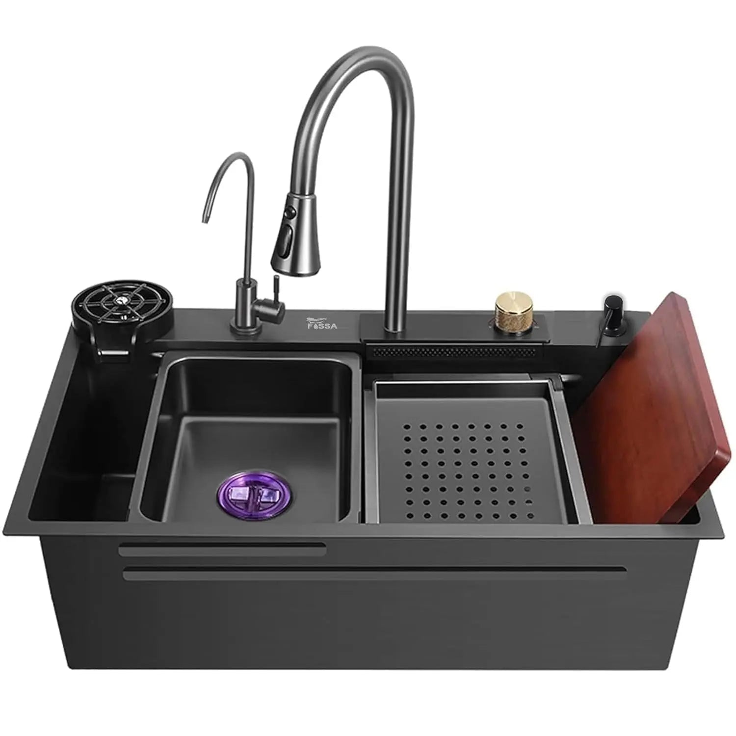 Fossa 27"x18"x10" inch Single Bowl Waterfall Kitchen Sink SS-304 grade Honeycomb Embossed Sink with White Nano Coating, Stainless Steel, Rectangular Workstation, faucet With all Accessories.