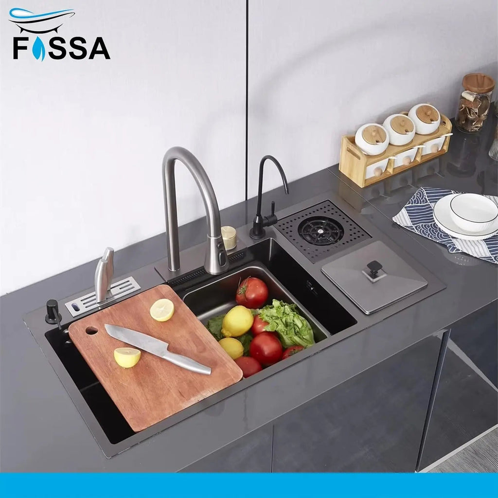 Fossa 37"x18"x10" inch Single Bowl With Dustbin 304 Grade Sink Waterfall Kitchen Sink Honeycomb Embossed Sink with Black Nano Coating, Stainless Steel, Rectangular Workstation,faucet With all Accessories. Fossa