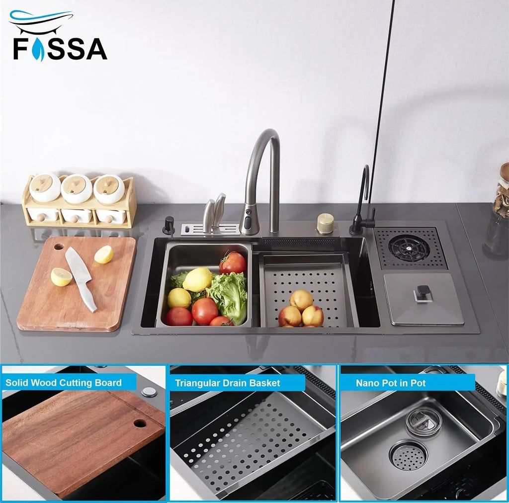 Fossa 37"x18"x10" inch Single Bowl With Dustbin 304 Grade Sink Waterfall Kitchen Sink Honeycomb Embossed Sink with Black Nano Coating, Stainless Steel, Rectangular Workstation,faucet With all Accessories. Fossa