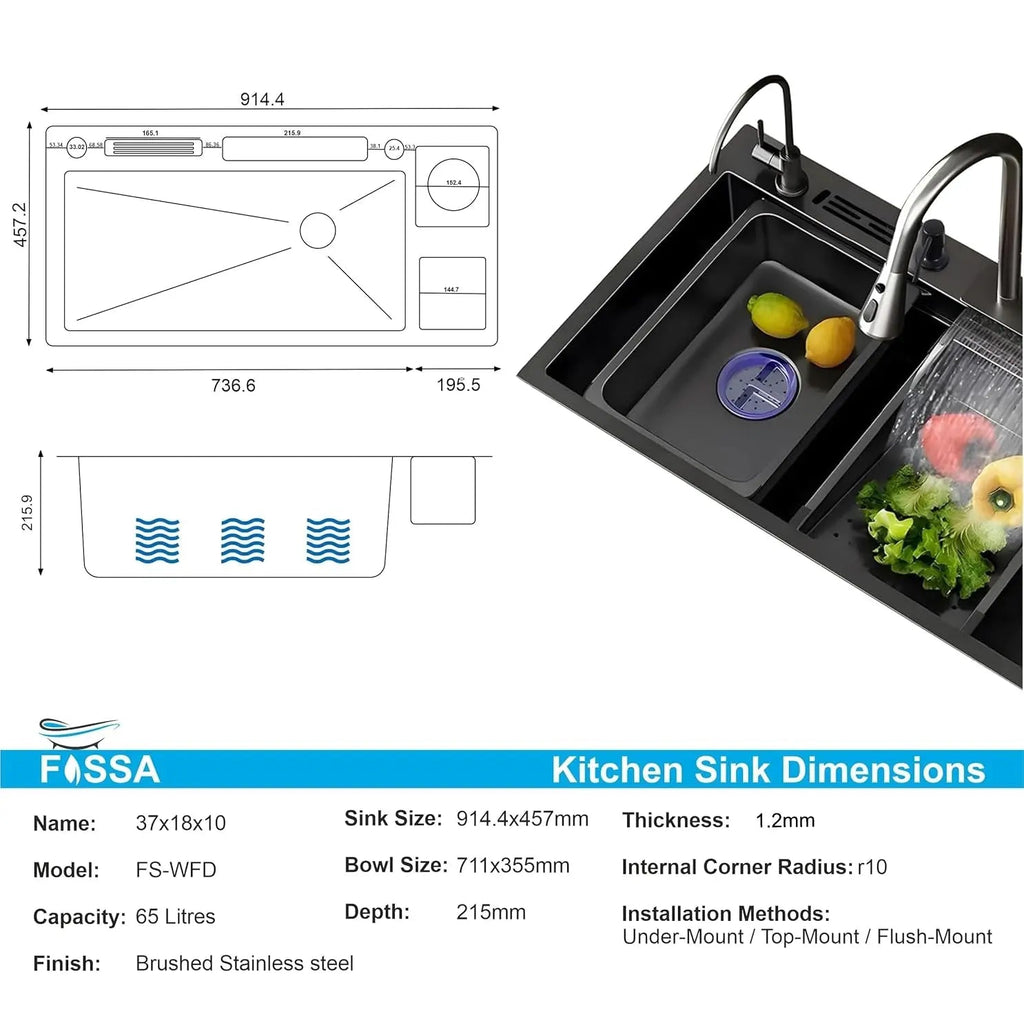 Fossa 37"x18"x10" inch Single Bowl With Dustbin 304 Grade Sink Waterfall Kitchen Sink Honeycomb Embossed Sink with Black Nano Coating, Stainless Steel, Rectangular Workstation,faucet With all Accessories. Fossa