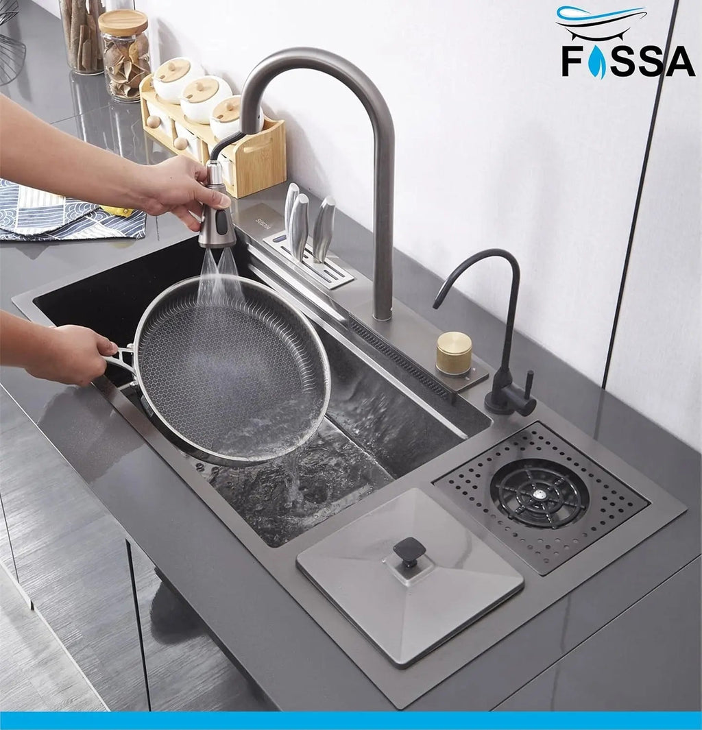 Fossa 37"x18"x10" inch Single Bowl With Dustbin 304 Grade Sink Waterfall Kitchen Sink Honeycomb Embossed Sink with Black Nano Coating, Stainless Steel, Rectangular Workstation,faucet With all Accessories. Fossa
