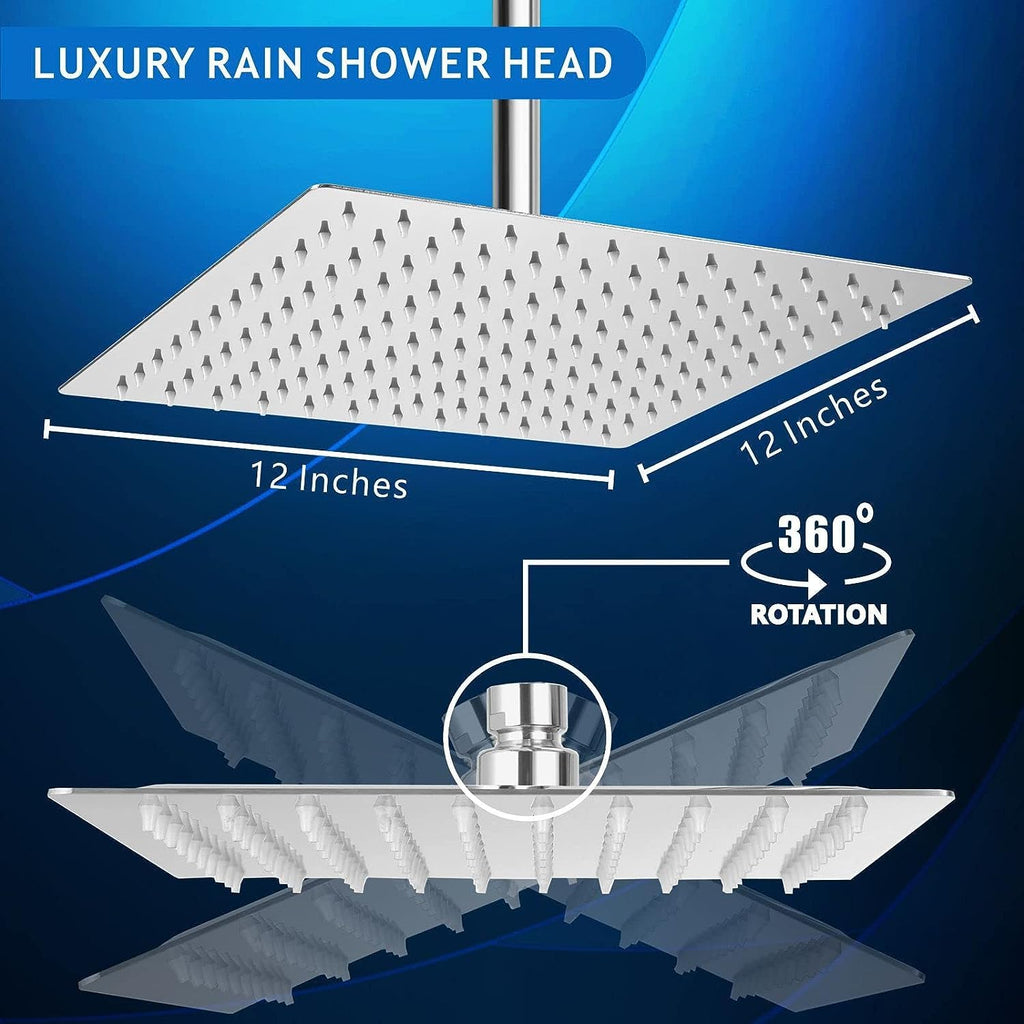 Fossa 12"X12" Inch Rain Shower - Square High Pressure Shower Head Made of 304 Stainless Steel Chrome Finish (With Arm Set 24" Inch)