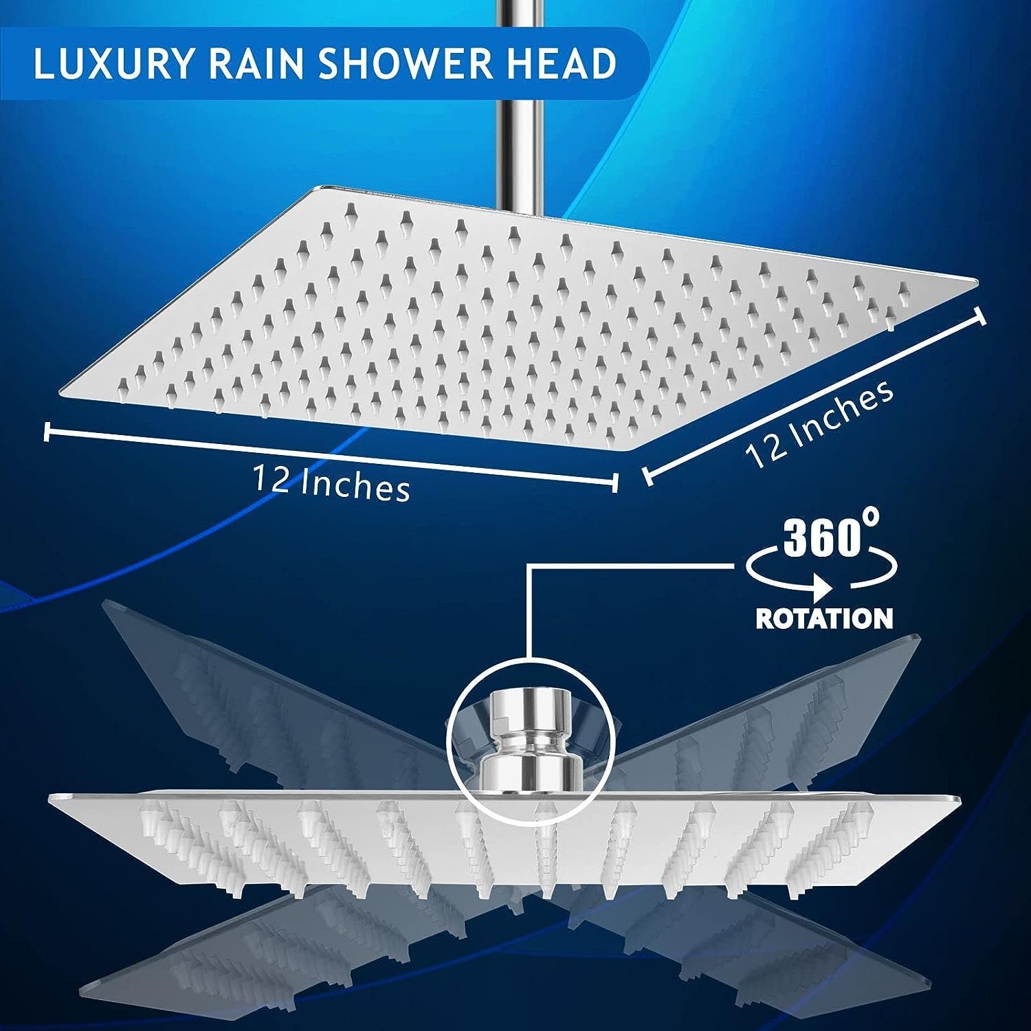 Fossa 12"X12" Inch Rain Shower - Square High Pressure Shower Head Made of 304 Stainless Steel Chrome Finish (With Arm Set 24" Inch)