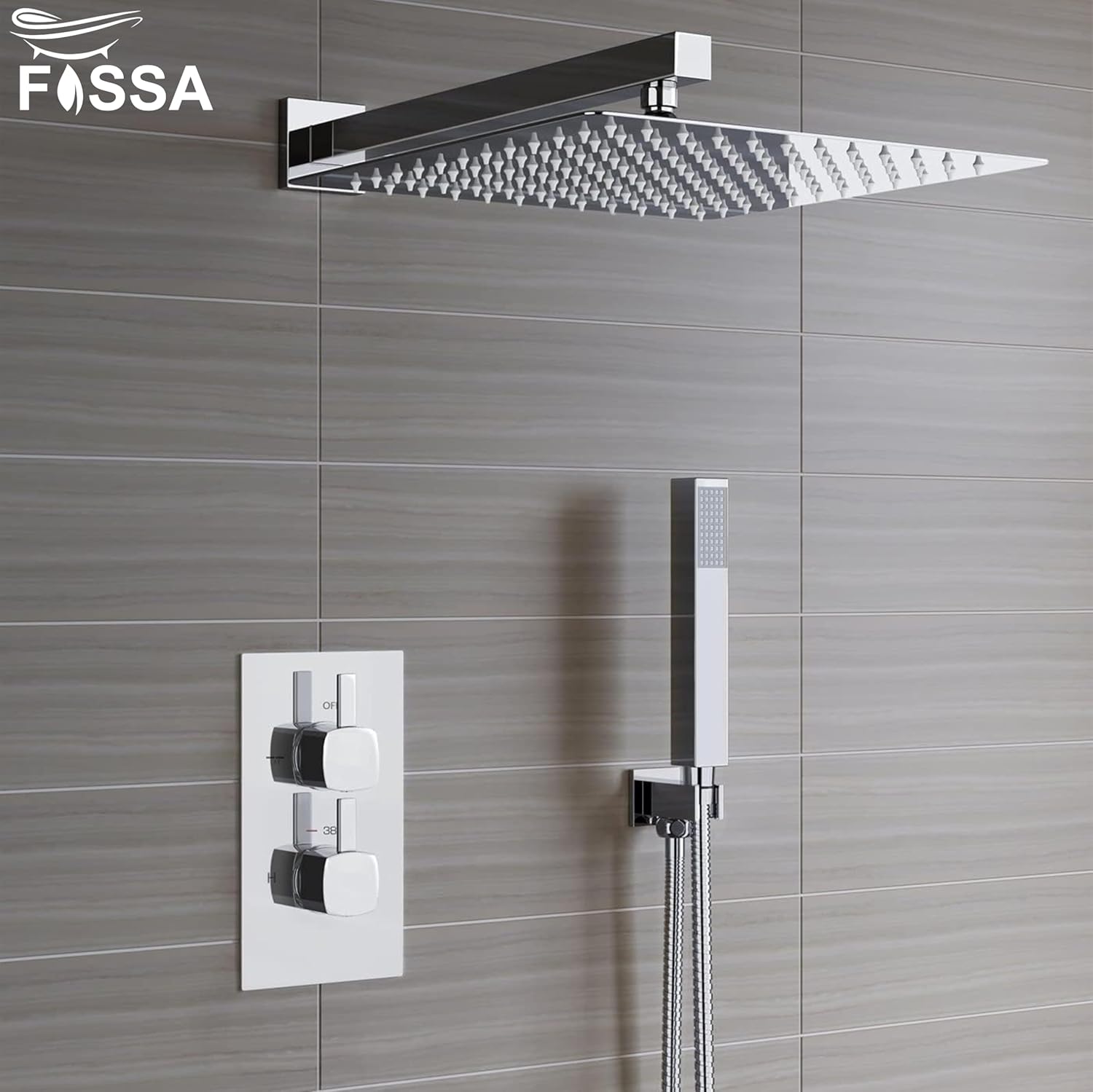 Fossa 12"X12" Inch Rain Shower - Square High Pressure Shower Head Made of 304 Stainless Steel Chrome Finish (With Arm Set 24" Inch)